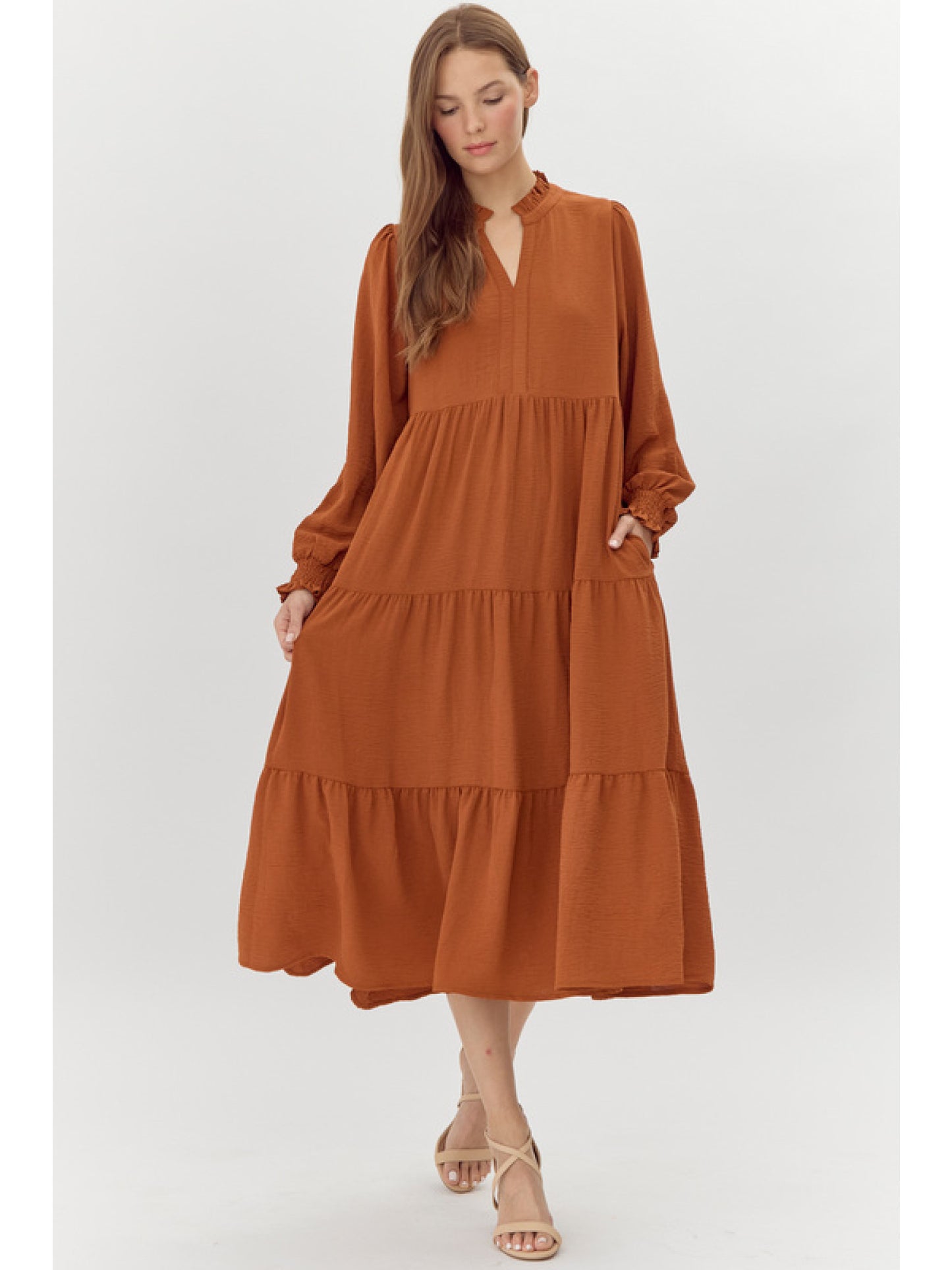 Olivia Bryce Solid Tiered Layer Midi Dress