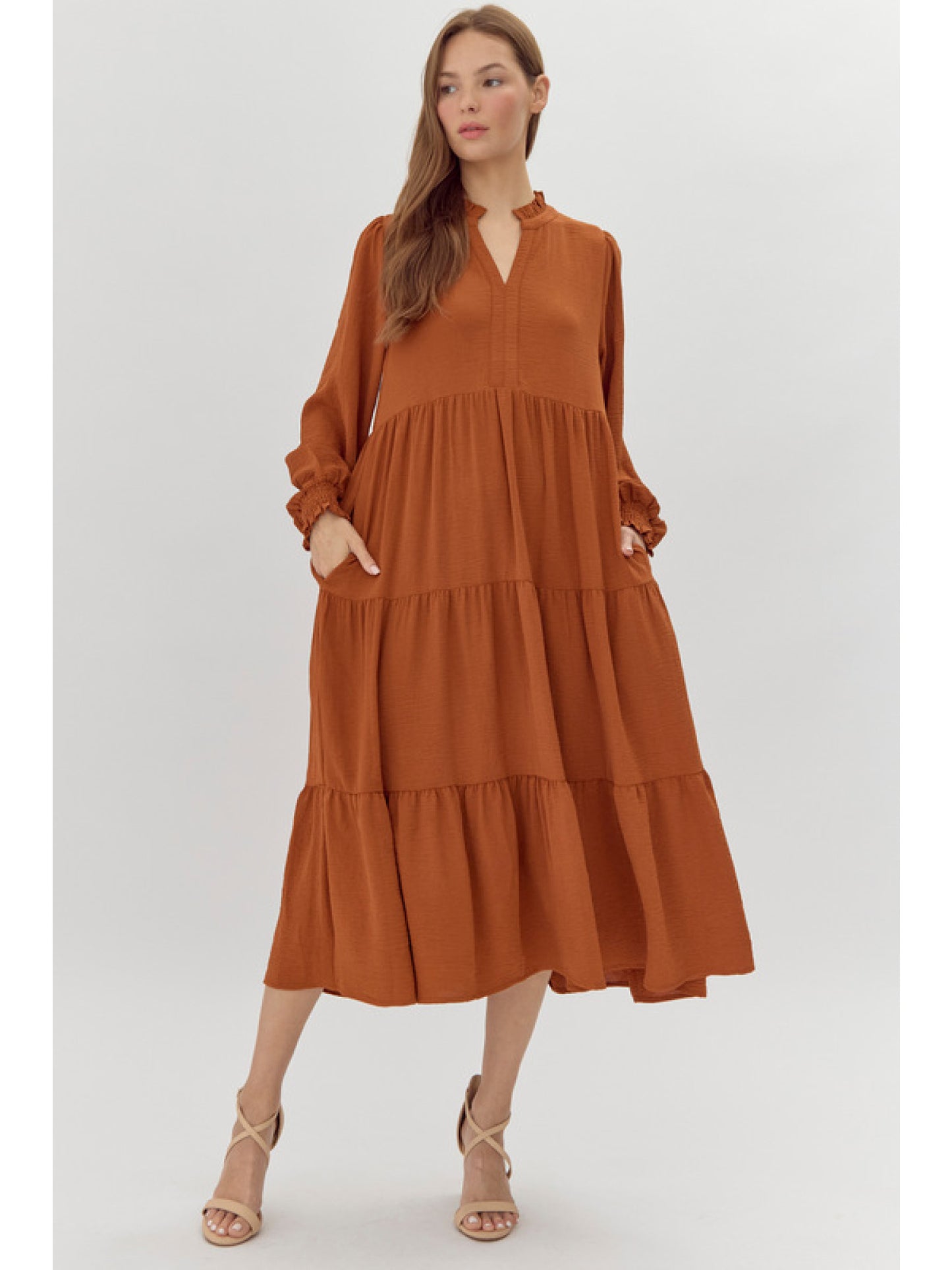 Olivia Bryce Solid Tiered Layer Midi Dress