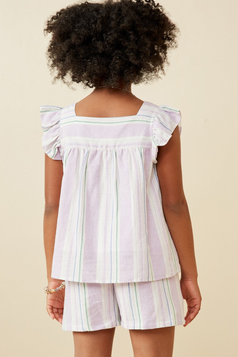 Girls Purple Stripe Button Top