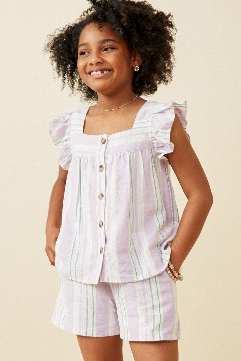 Girls Purple Stripe Button Top