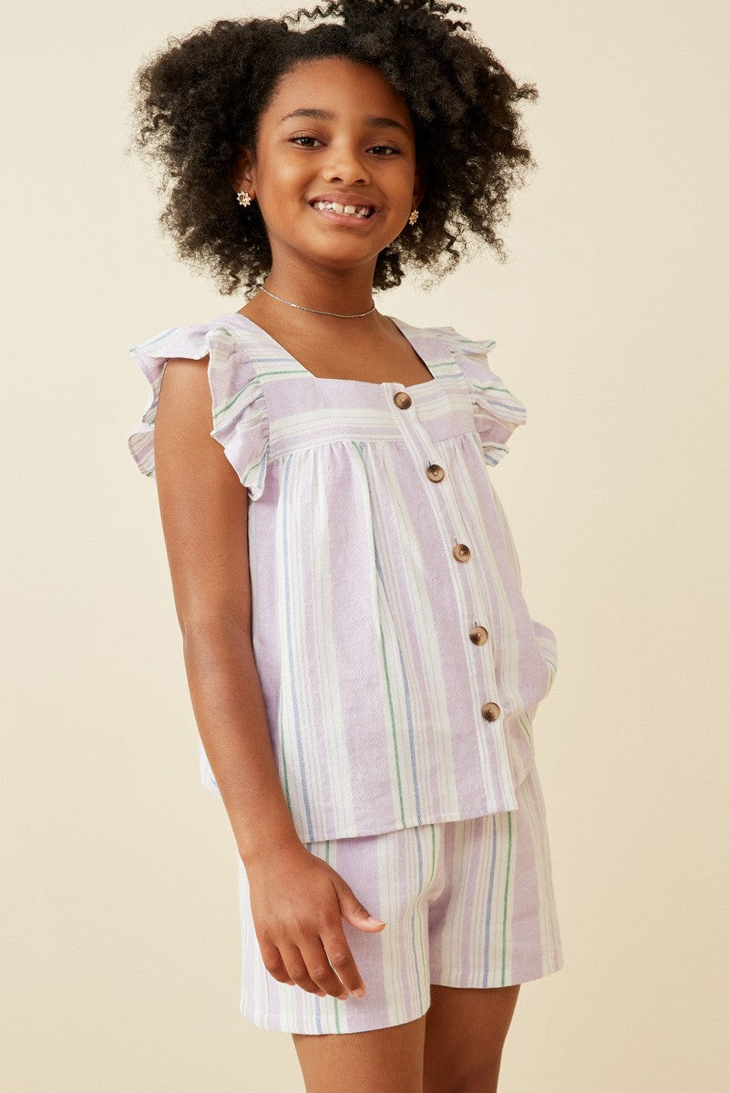 Girls Purple Stripe Button Top