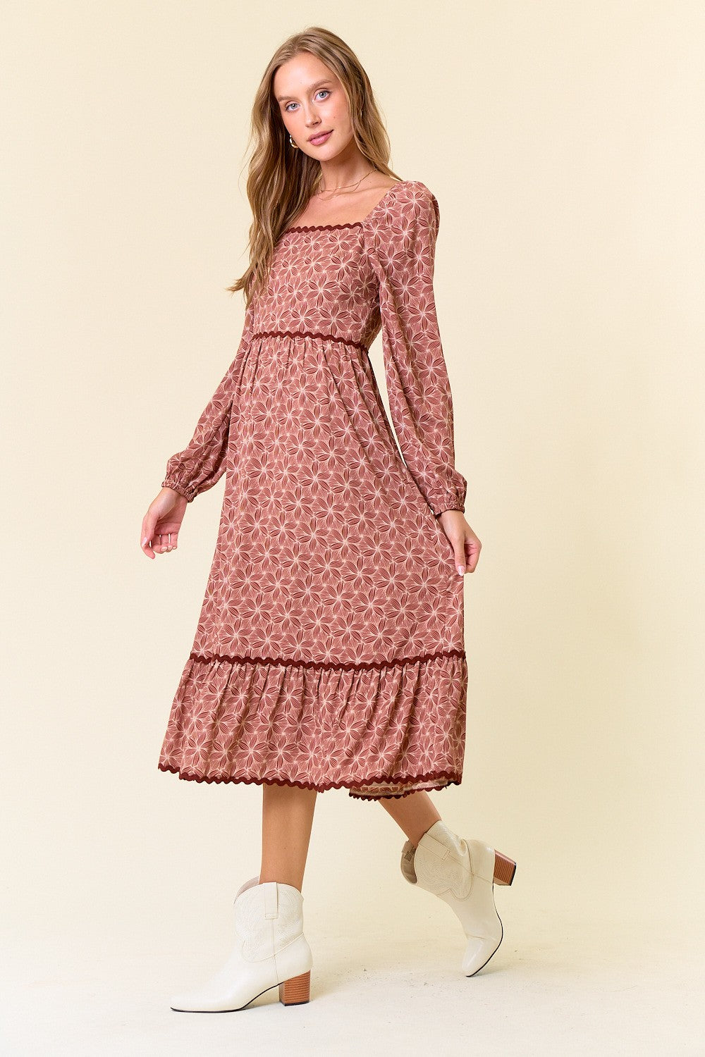 Yorkie Floral Square Neck Midi Dress