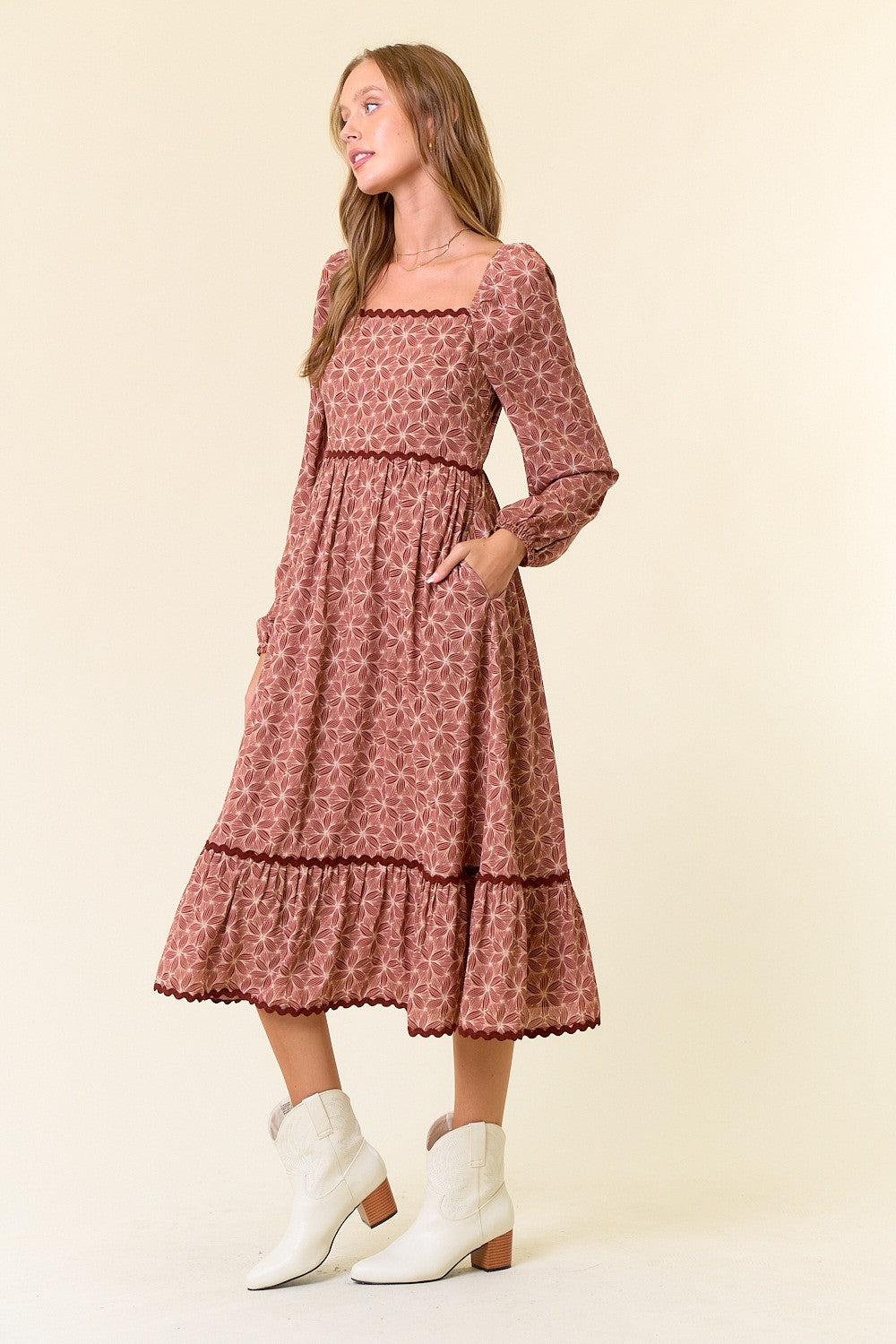 Yorkie Floral Square Neck Midi Dress
