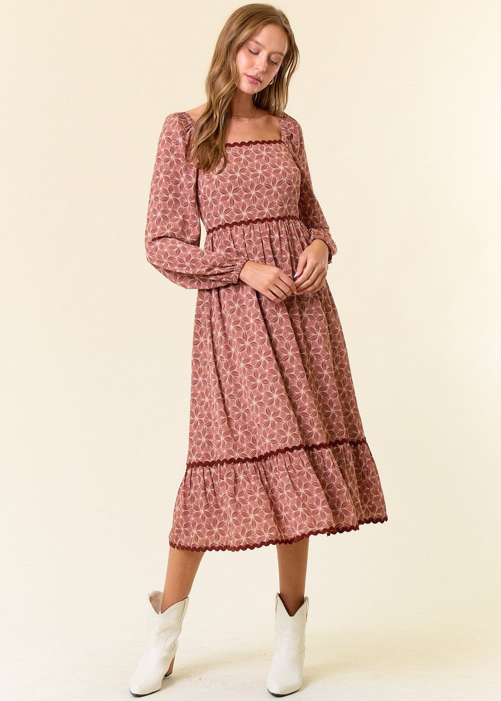 Yorkie Floral Square Neck Midi Dress