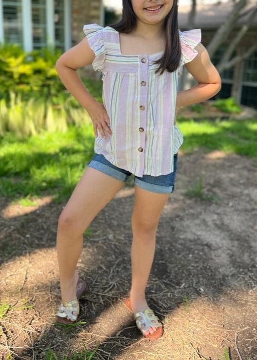Girls Purple Stripe Button Top