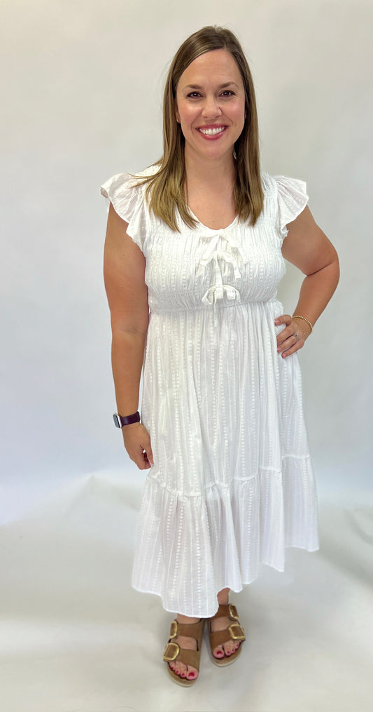 Farah White Smocked Midi Dress