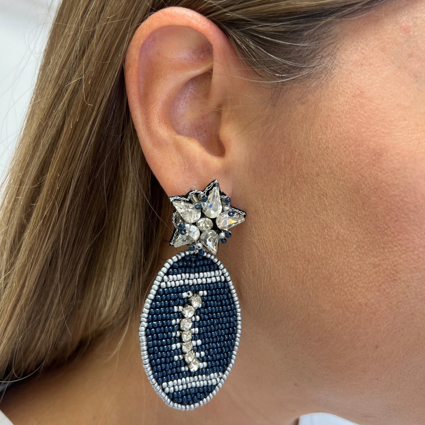 Navy Beaded Football Earrings
