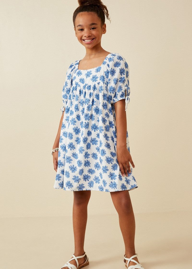 Girls Tie Sleeve Floral Print Dress