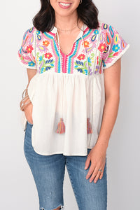 Lainey Tassel Tie Embroidered Top