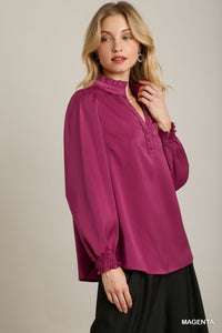 Emmie Satin Top with Smocked Cuffs