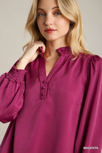 Emmie Satin Top with Smocked Cuffs