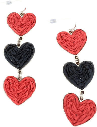 Red & Black Raffia Tiered Heart Earrings