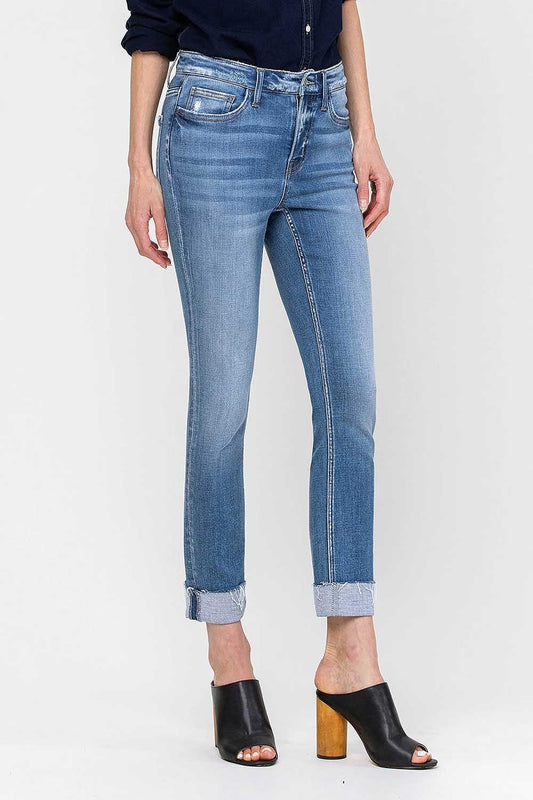 Mid Rise Cuff Cropped Straight Jeans