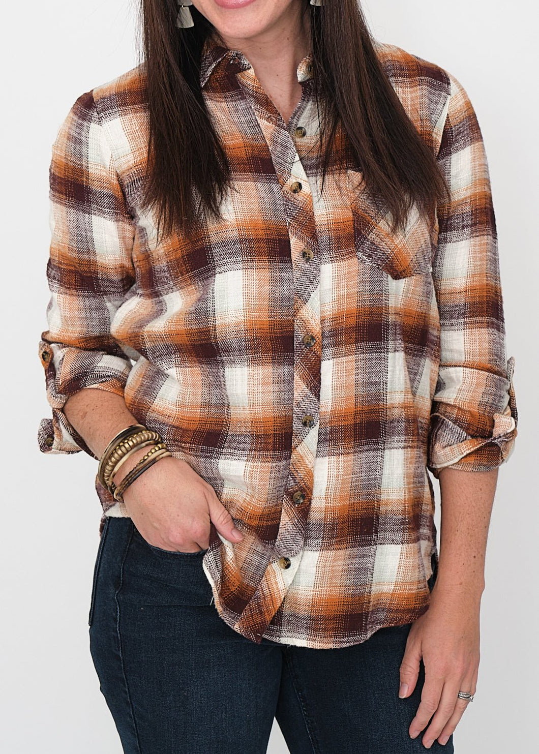 Priya Rust Plaid Button Down Top