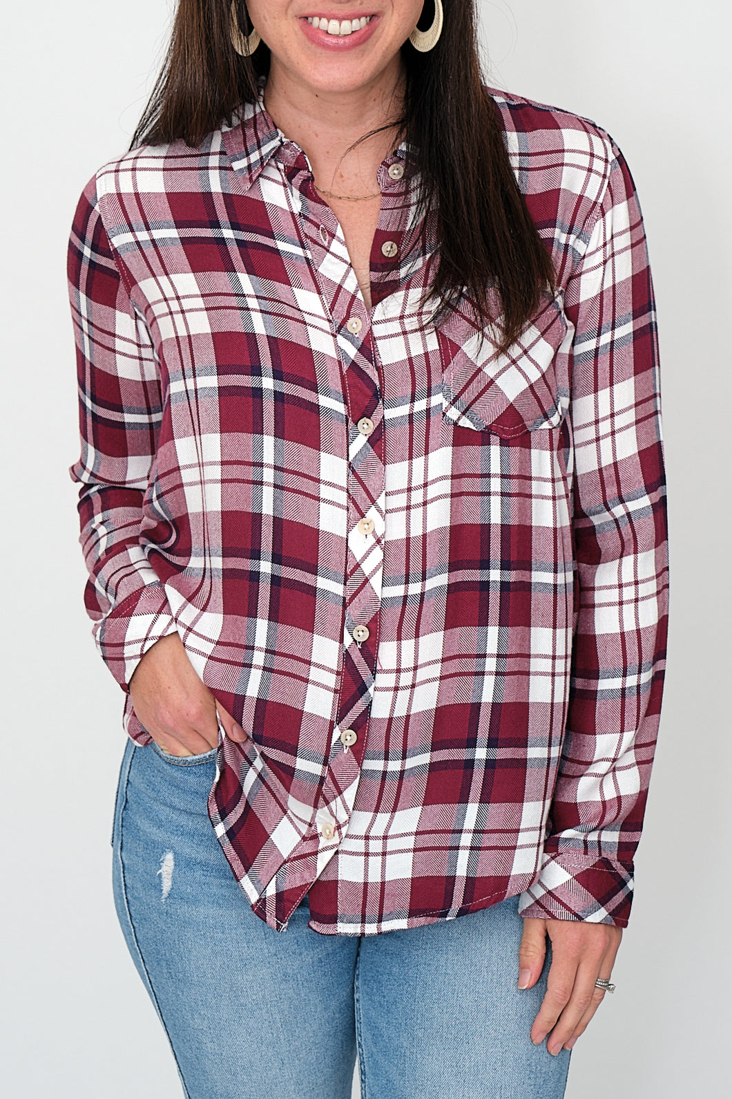 Gemma Maroon Plaid Button Down Top